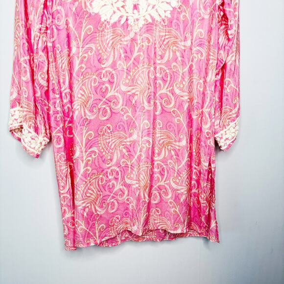Amaya Pink Silk Tunic Size 38/M Floral Embroidered Neckline Cuffs Scroll - Picture 6 of 12